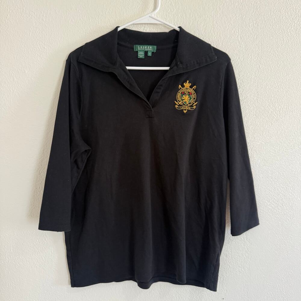 Lauren Ralph Laure Black Embroidered Crest Rugby Polo Shirt 3/4 Sleeve Size 1X